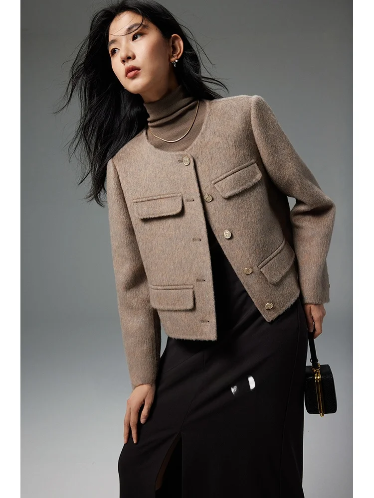 

Классическое короткое шерстяное двустороннее твидовое пальто WITTYFOX для женщин, в офисном стиле, прямого кроя, с длинными рукавами и круглым вырезом горловины