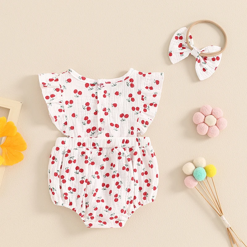 

Adorable Baby Girl Set Flutter Sleeve Watermelon Print Romper with Matching Headband and Ruffle Bloomers Summer Outfit