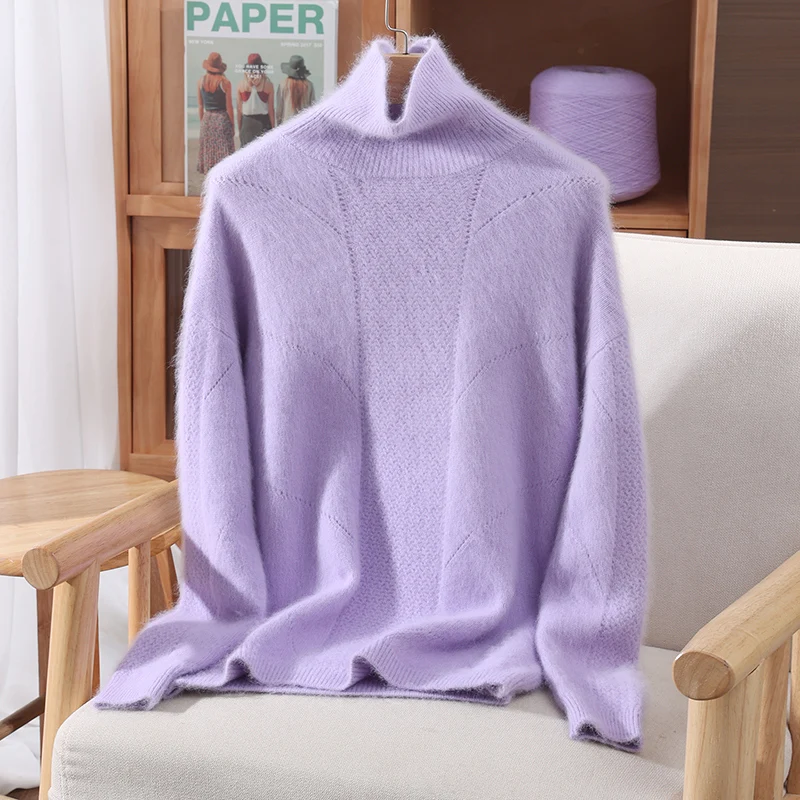 

Chic 100% Mink Cashmere Fashion Turtleneck Sweater Women's Pullovers Basics Hollow Out Soft Warm Autumn Winter Long Sleeve Tops
