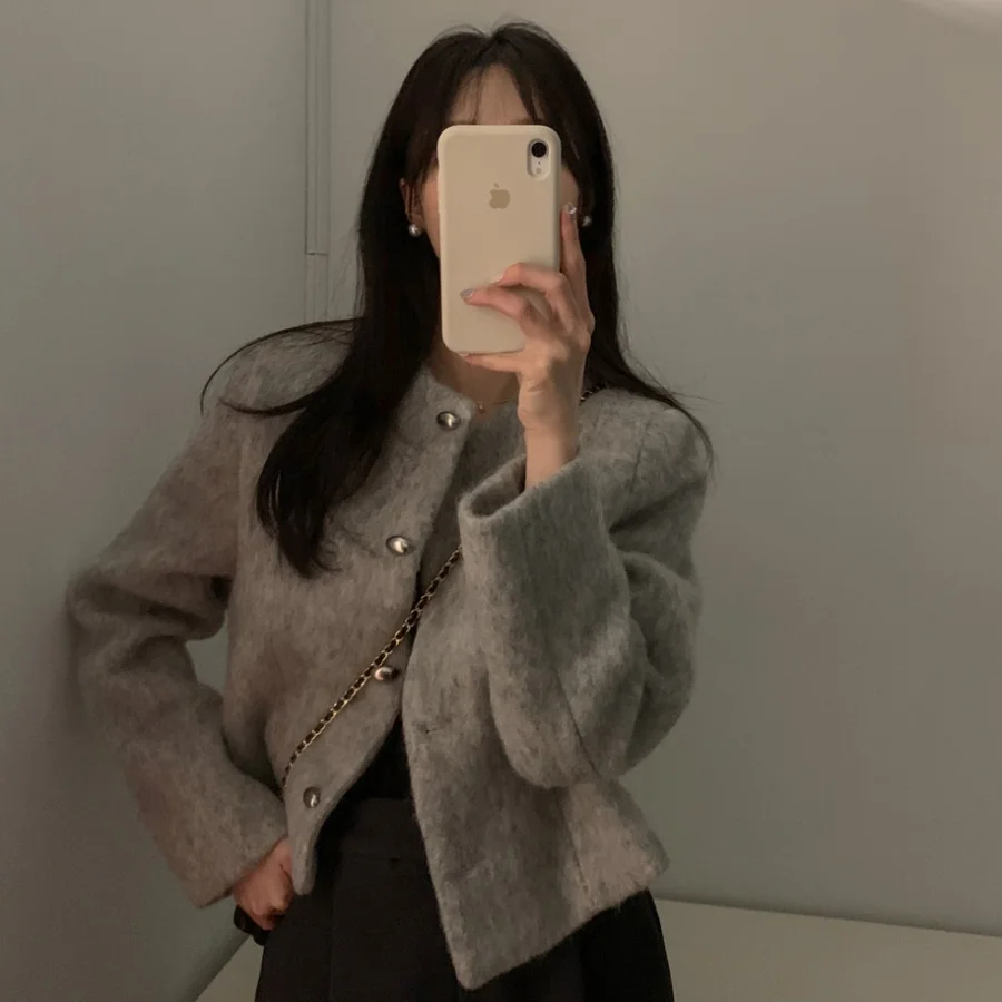 

Korea Chic Solid Wool Short Coat Women French Elegant Single Breast Slim Jackets Fashion Simple Design Casual Clothes Streetwear
