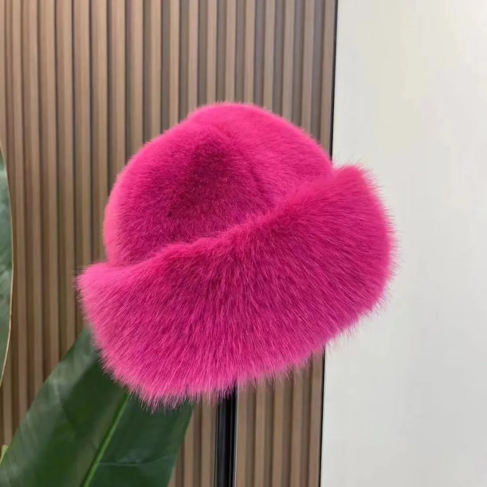 

New Warm Fluffy Fur Bucket Hat Cold Thicken Plush Fisherman Hat Snowy Day Cover Head Cap Panama Cap Women