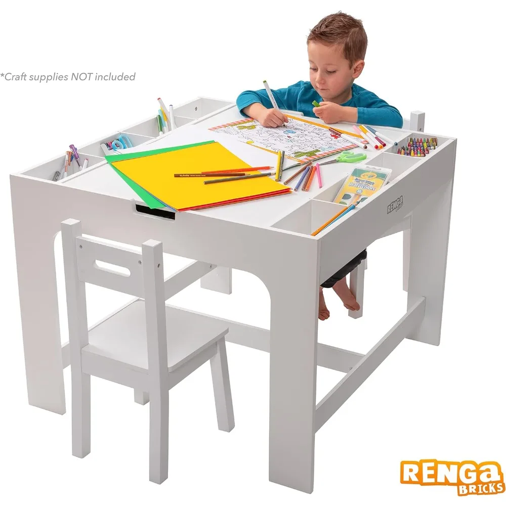 2 in 1 Play Table and 2 Chair Set with Storage, Compatible with Lego and Duplo Bricks, Activity Table Playset Furniture