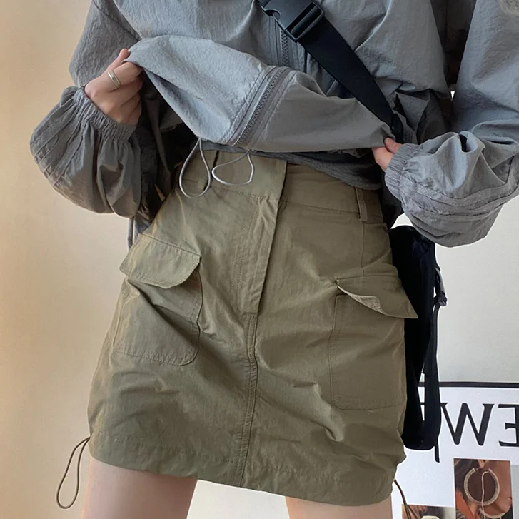 アメリカンミリタリー een ワークウェア スカート レディース ウエストシェイプ スリミングデザイン レトロ機能性 ハイウエスト Aラインスカート
