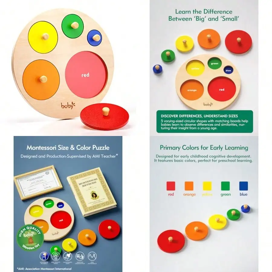 Montessori Wooden Circle Puzzle, Geometric Shape Sorter Early Education Toy for Toddlers