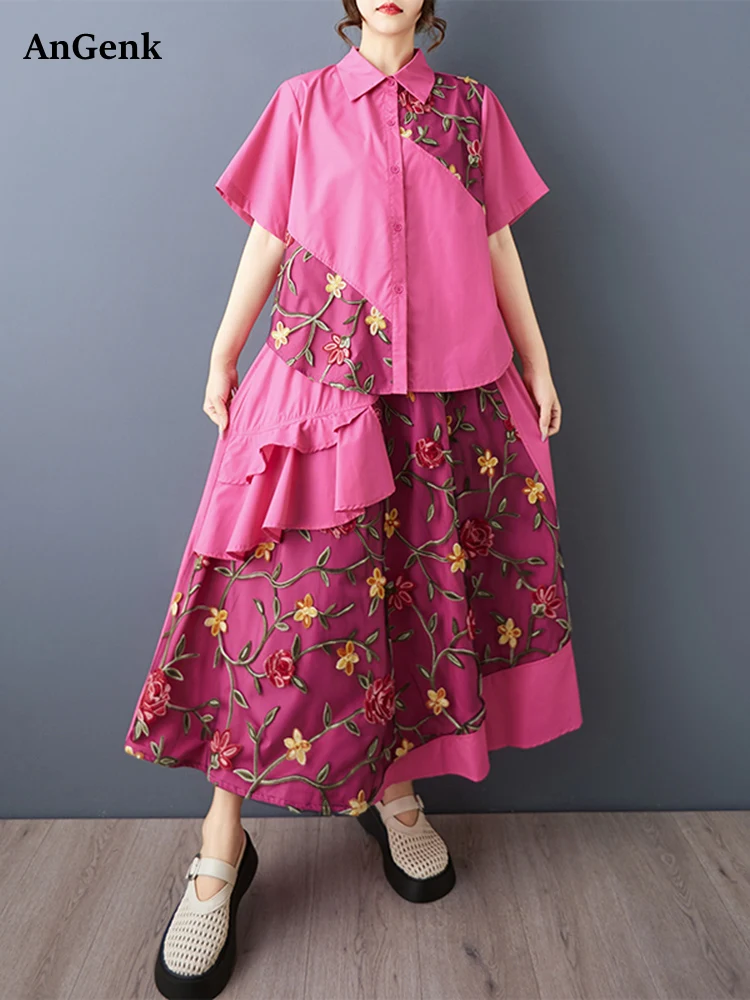 

Embroidery Patchwork Summer Casual 2 Two Piece Set Short Sleeve Loose Blouse Women Shirt Top Fashion Clothing Skirt Suit 2025