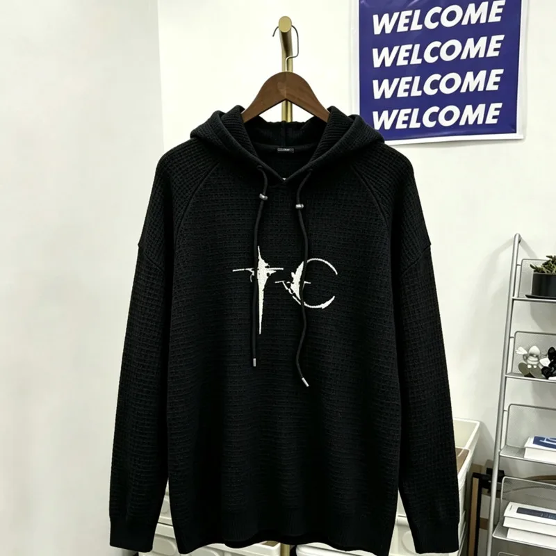 HKSH Spring Autumn New Men Waffle-Knit Hooded Sweatshirt Padded Shoulders Raglan Sleeves Loose Trendy Long-sleeve Design HK28350