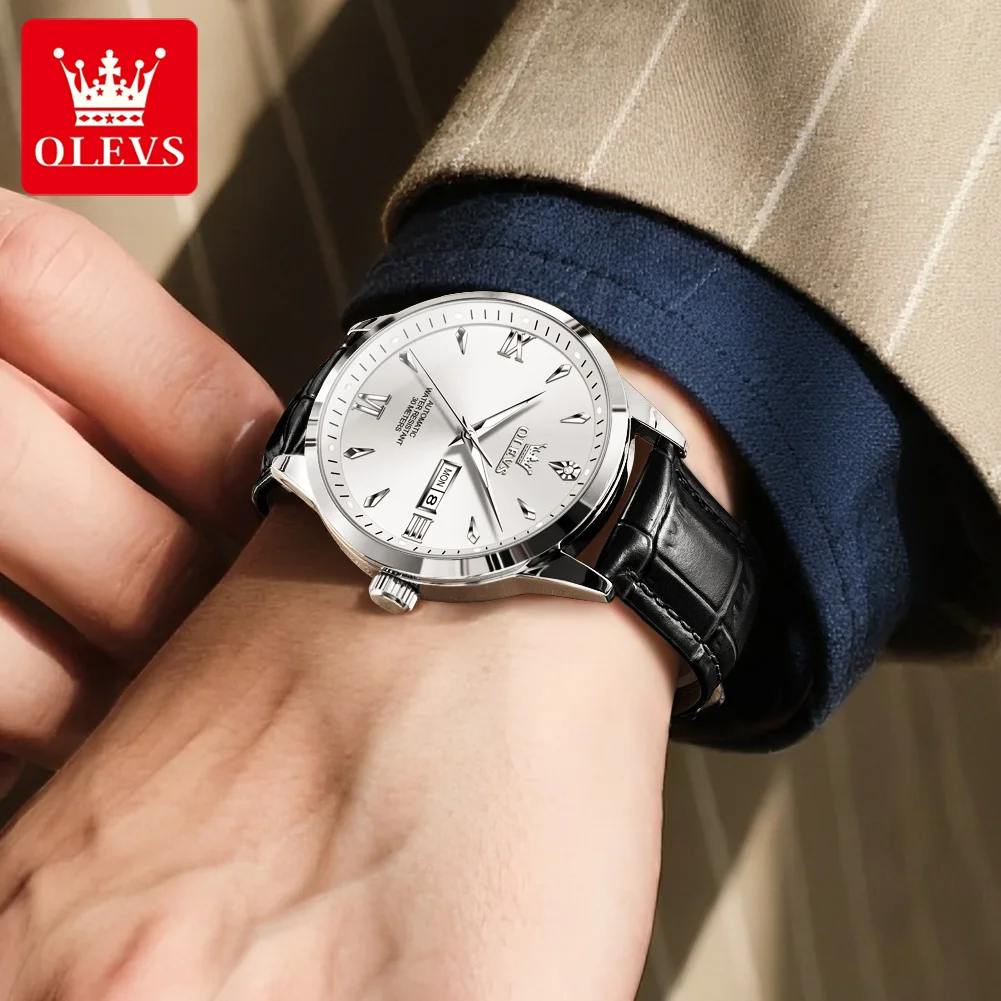 OLEVS 9956 reloj para hombre, reloj mecánico automático Original a la moda, correa de cuero resistente al agua, calendario, reloj de negocios de lujo para hombre