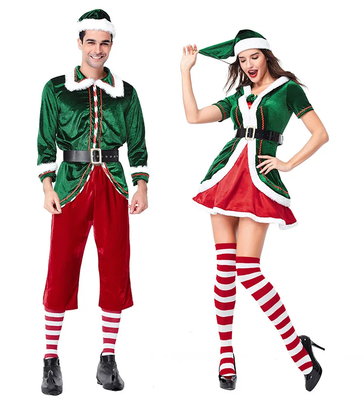 Deluxe Santa Claus Green Elf Costume Adult Couple X-mas Party Cosplay Fancy Dress Outfit For Men Women