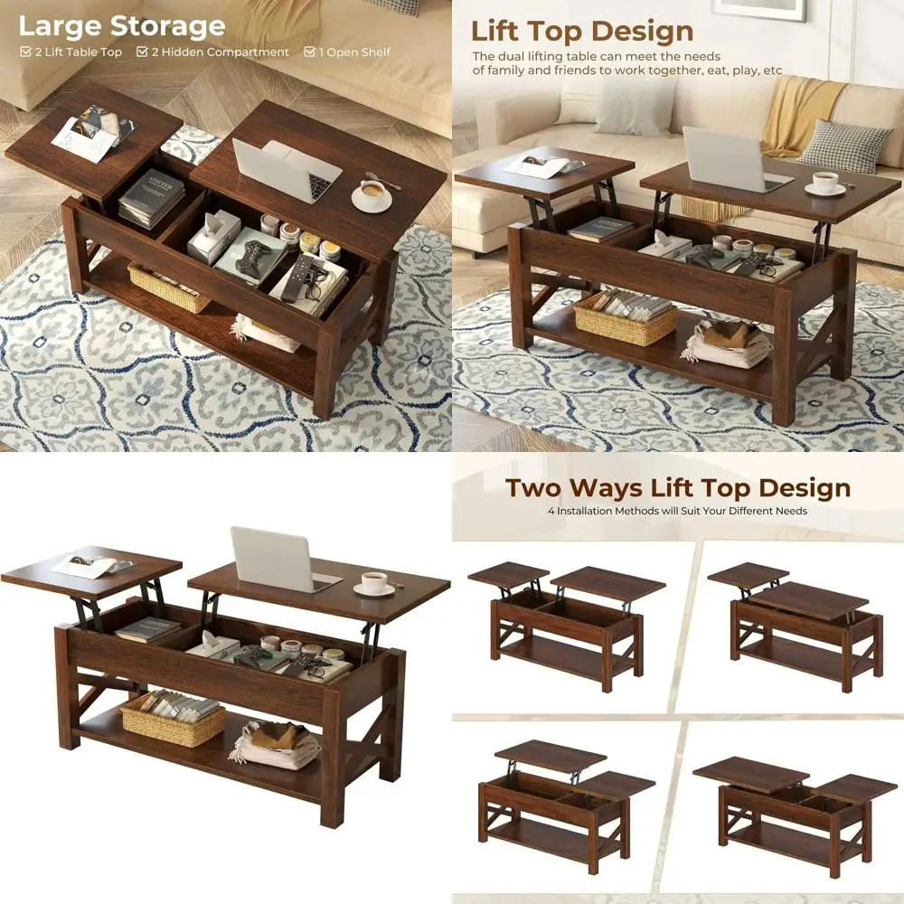 

Farmhouse Style 47.2 2-Way Lift Top Coffee Table with Hidden Storage and Wooden Support, Black