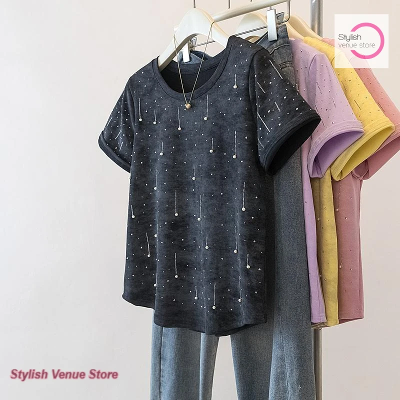 

Korean-style pure cotton plus-size tie-dyed T-shirt women's summer new fashion temperament Joker design loose slim casual top.