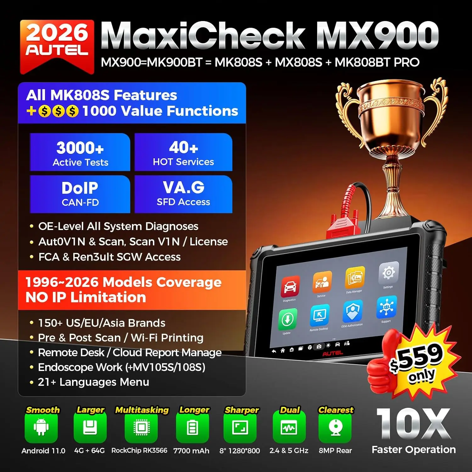 Autel Scanner Maxichek MX900 3000+ Active Tests 40+ Service New Ver. 2024 MX808S MK808S, 8 in Bidirectional Tool as MK900Bt, All System Diagnosis, 200+ Brands, Can-Fd&Doip, FCA SGW