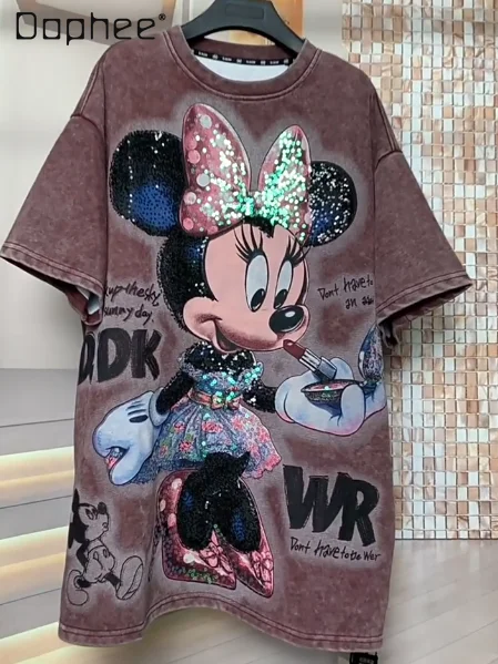 

Trendy Brand Teee Autumn New Heavy Wash Cotton Sequin Fashion Cartoon Cute Oversized Loose Short Sleeve T-Shirt Women Clothes