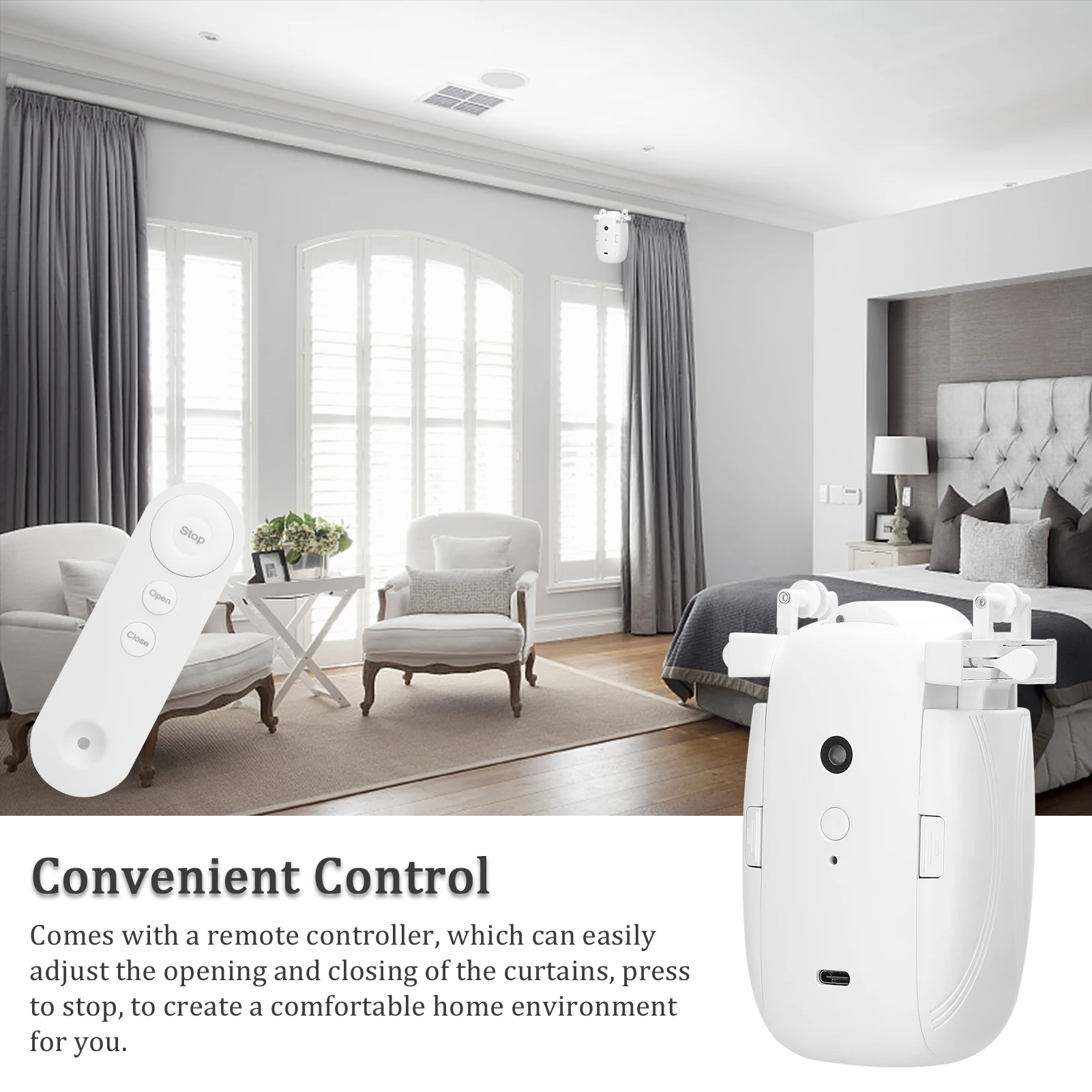 2pcs 3 in1 Intelligent Curtain Motor Home Electric Curtain Opener No Wiring with Remote Controller for I-Rail/U-Rail/Roman Rod