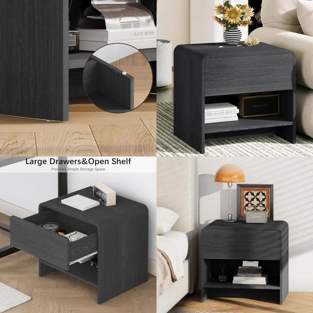 

Wooden Farmhouse Nightstand with Drawer & Open Shelf, Boho Style Side Table for Bedroom and Living Room, Black