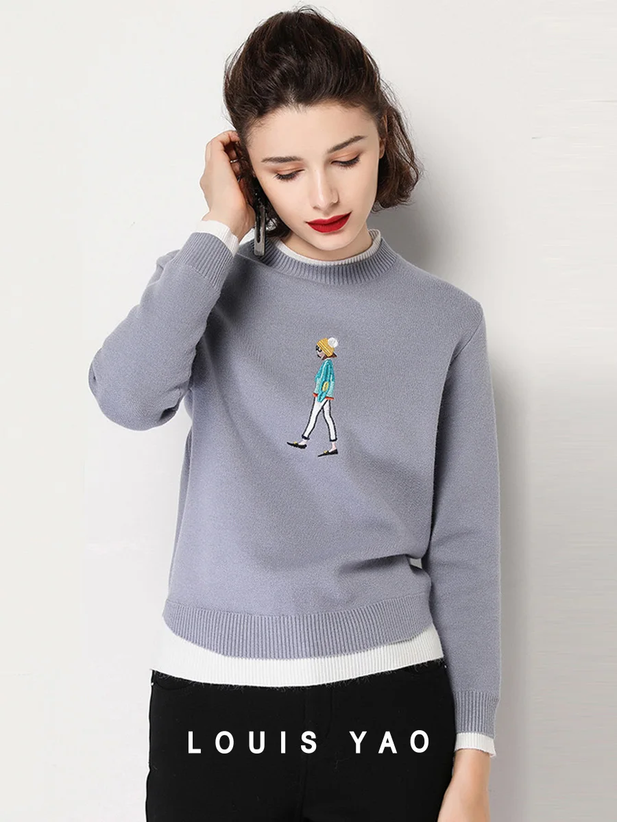 LOUIS YAO 2024 Autumn/Winter Cute Aging Figure Embroidered Knitted Sweater Trendy Fresh Hooded Sweater Long Sleeve Knitted Top