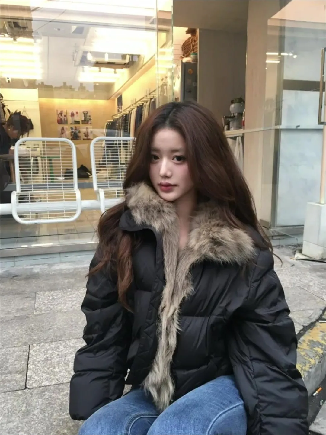 

Black Furry Collar Short Thickened Fleece Lined down Cotton Jacket Women's Autumn Winter New Style Warm Coat Top for Ladies