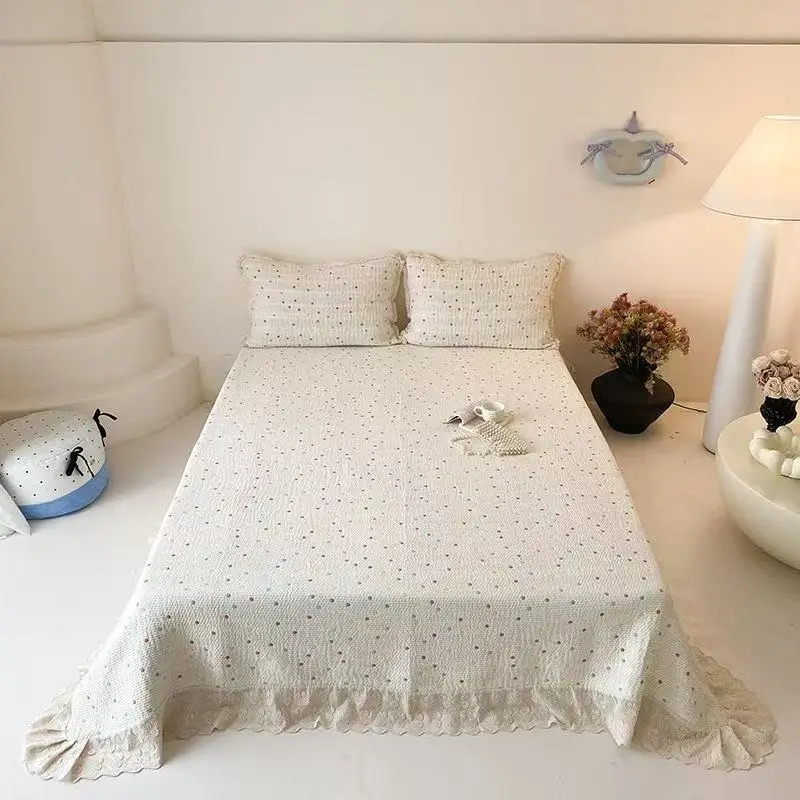 3pcs Korea Lace Pure Cotton Bed Cover Quilted Bedspread Class A Bedding Set Floral Printed Bed-linens Double Couple Bed Sheet