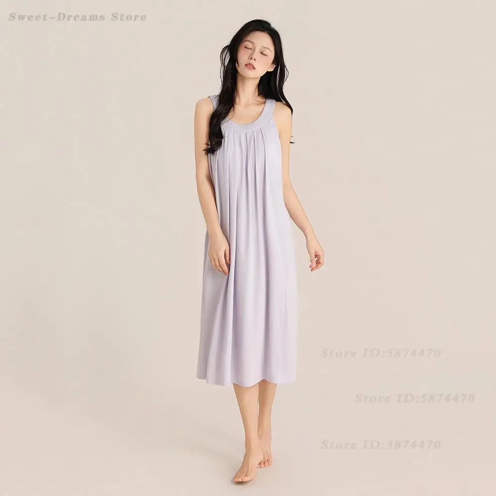 Summer High End Nightgown Modal Cotton Sleeveless Nightdress Intimate Lingerie Sexy Chemise Sleepwear Long Suspender Home Wear - view 2