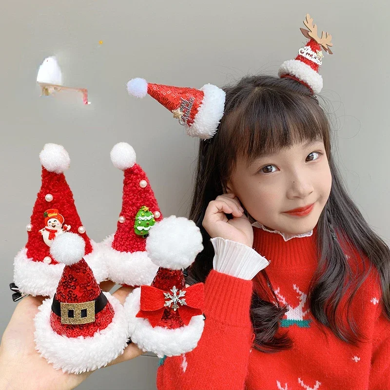 Christmas Hairpin Headdress Adult Children Alligator Clip Red Hat Santa Deer Ear Hairpin Girl Women Sweet Plush Hair Accessories