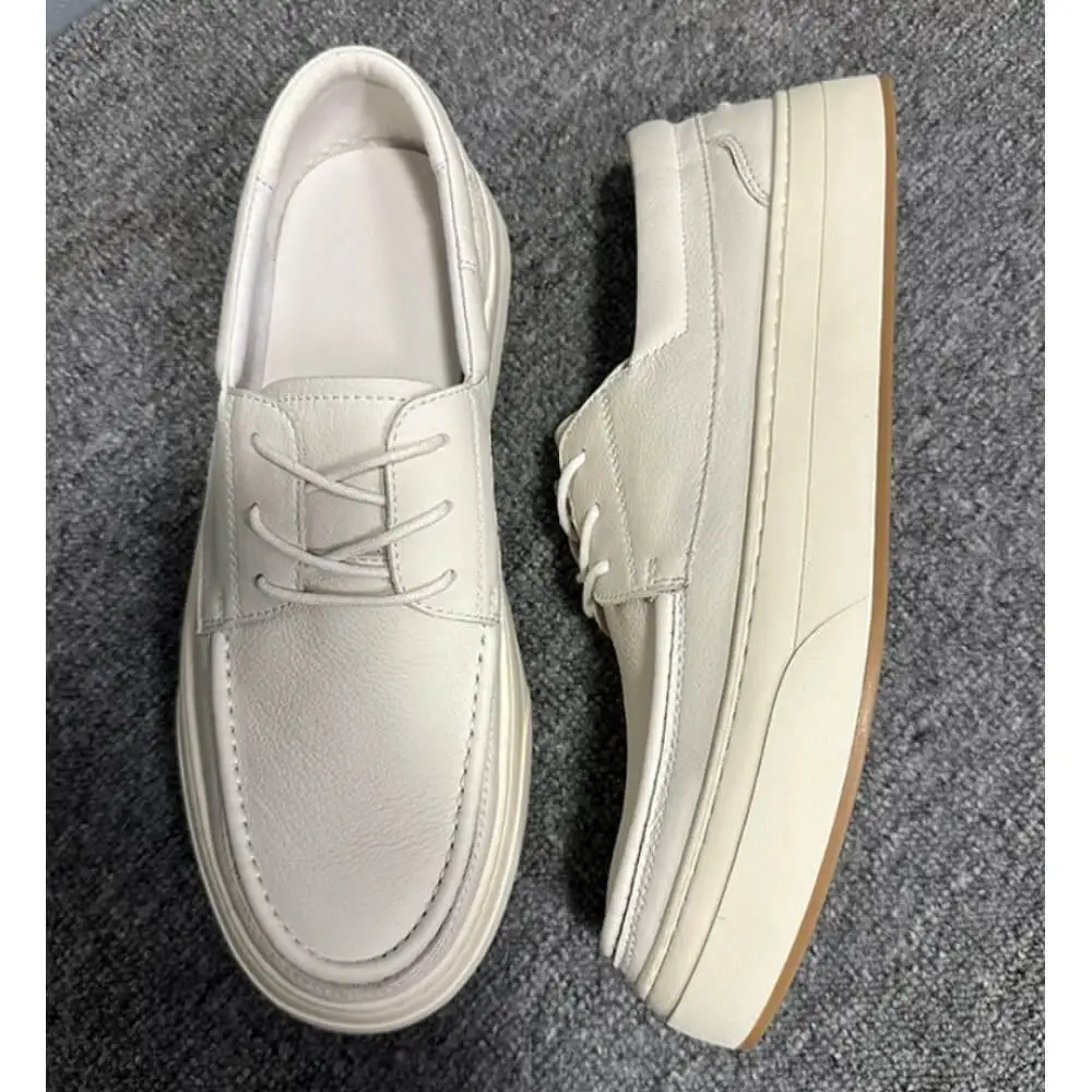 Men’s Cream White Leather Boat Shoes, Breathable Anti-Slip Casual Lace-Up Shoes for All Occasions