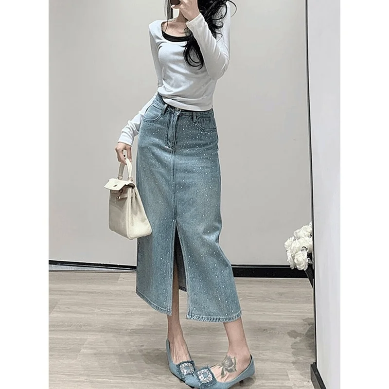 

Юбка А-силуэта с высокой талией и разрезами, женская джинсовая юбка, лето 2024, новинка, утягивающая, больших размеров, из смесового хлопка