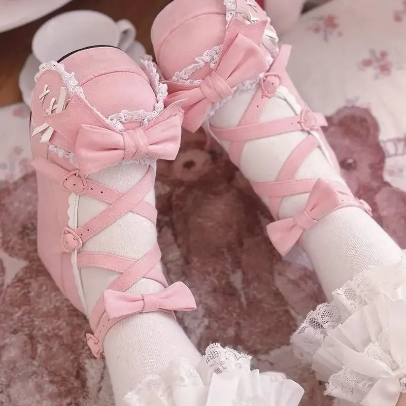 Lovely Girls Lolita Cute Bowknot Platform Shoes Sweet Rabbit Ears Monk Straps Flat Elevator Shoes Mary Janes