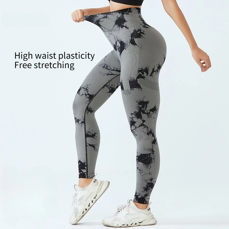 กางเกงโยคะลายพีชไท-ไดสำหรับผู้หญิง เอวสูง กระชับสัดส่วน ยกสะโพก กางเกงฟิตเนสไร้ตะเข็บ กระชับรูปร่าง