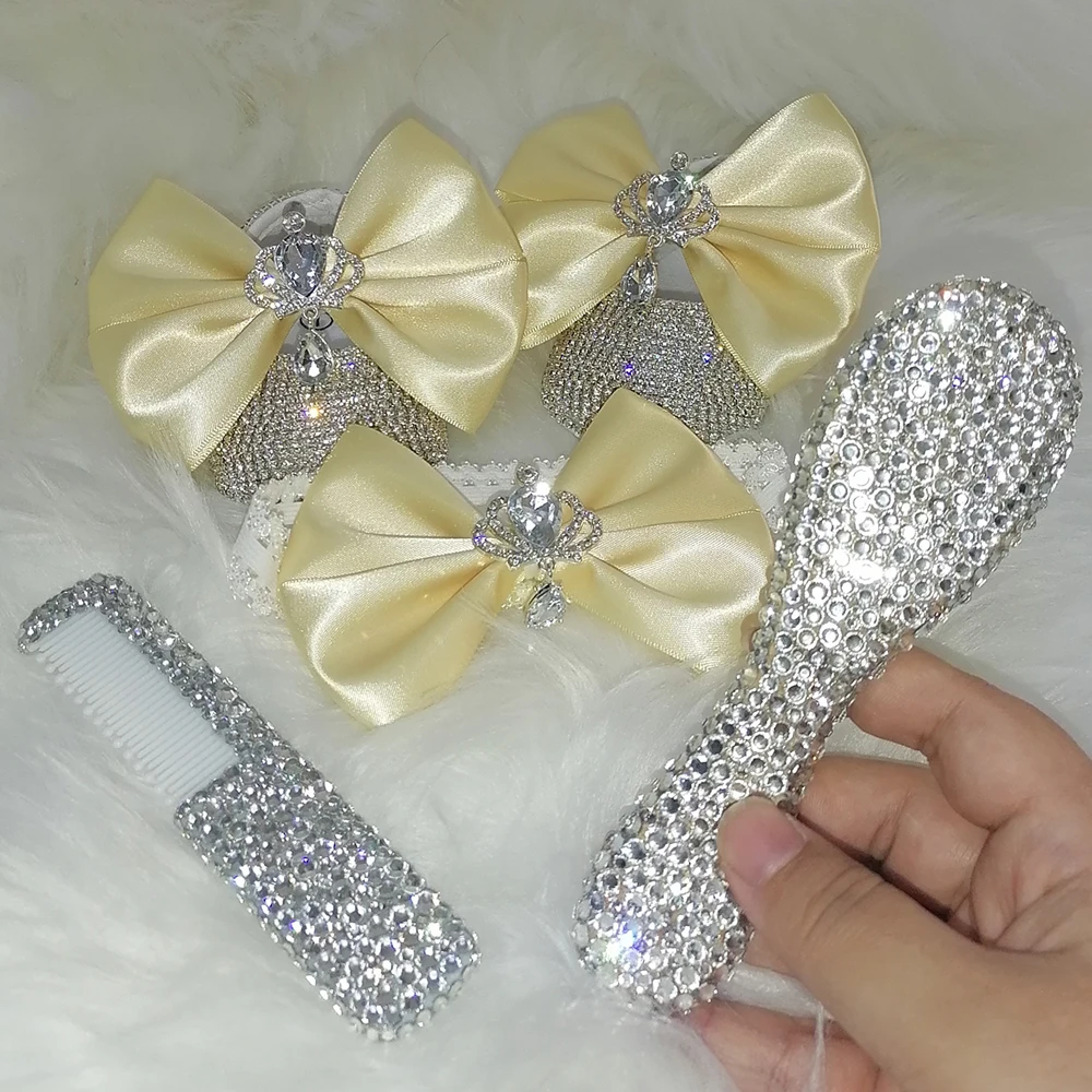 

Handmade Bow Rhinestones Baby Girl Shoes Hairband Comb First Walker Sparkle Bling Crystals Princess Shoes Shower Gift