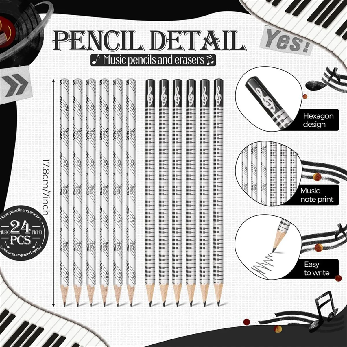 Gfc-Music Pencils Music Note Pencil with Music Themed Erasers Wood Pencils Bulk Keyboard Fun Pencils Erasers Gift (48 Pcs)