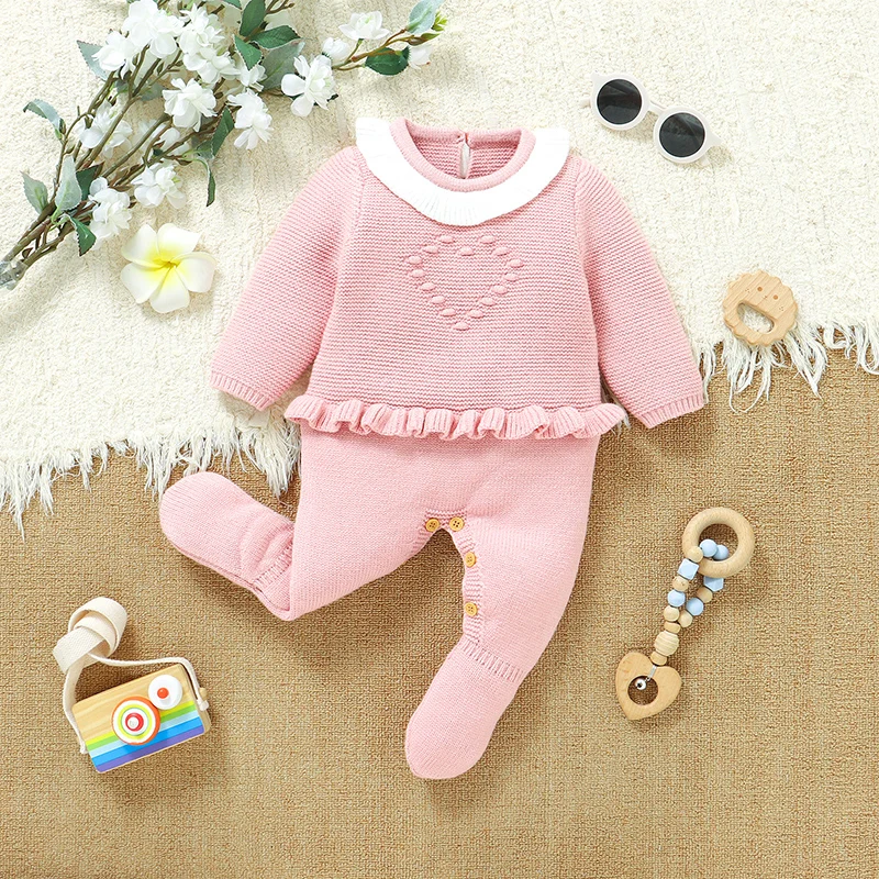 

Комбинезон для новорожденных, вязаная одежда для младенцев, модные однотонные осенние комбинезоны с оборками, комбинезон для девочек 0-12 месяцев, розовый комбинезон с длинными рукавами