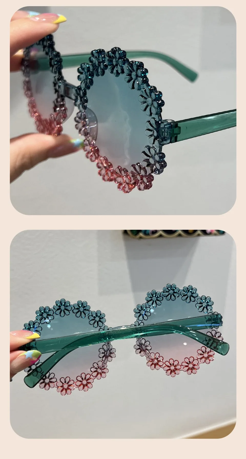 Blumenförmige Sonnenbrille für Mädchen, stilvolle mehrfarbige Dekor-Sonnenbrille für Kinder, trendige neue süße Kinder-Sonnenbrille – Detail 7