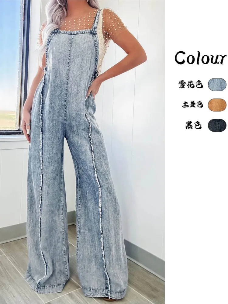 

Trendy Solid Color Spaghetti Strap Denim Jumpsuits Women Spring Autumn Fashion Wide Leg Suspender Jumpsuit Female Streetwear New