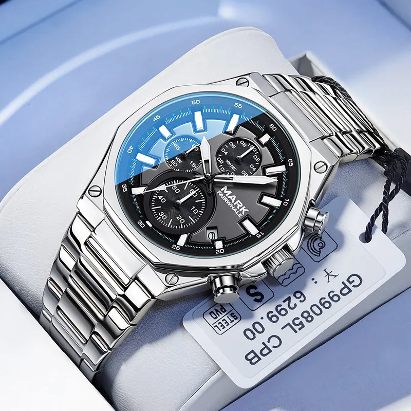 

MARK FAIRWHALE Fashion Men's Quartz Watch Stainless Steel Multifunctional Chronograph Waterproof Luminous Business Watch for you