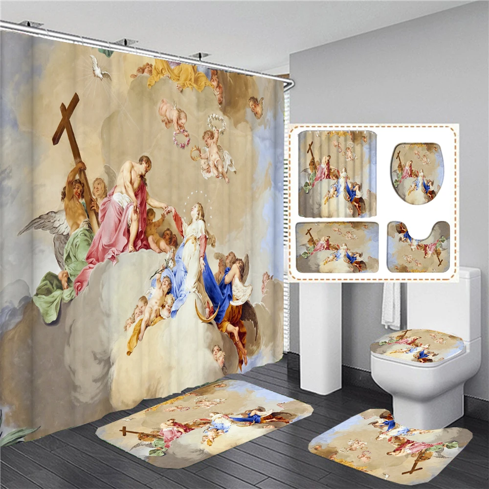 Painting Christianity Angel Shower Curtain Set Polyester Fabric European Mural Bathroom Curtain with Bath Mat Rug Bathroom Decor