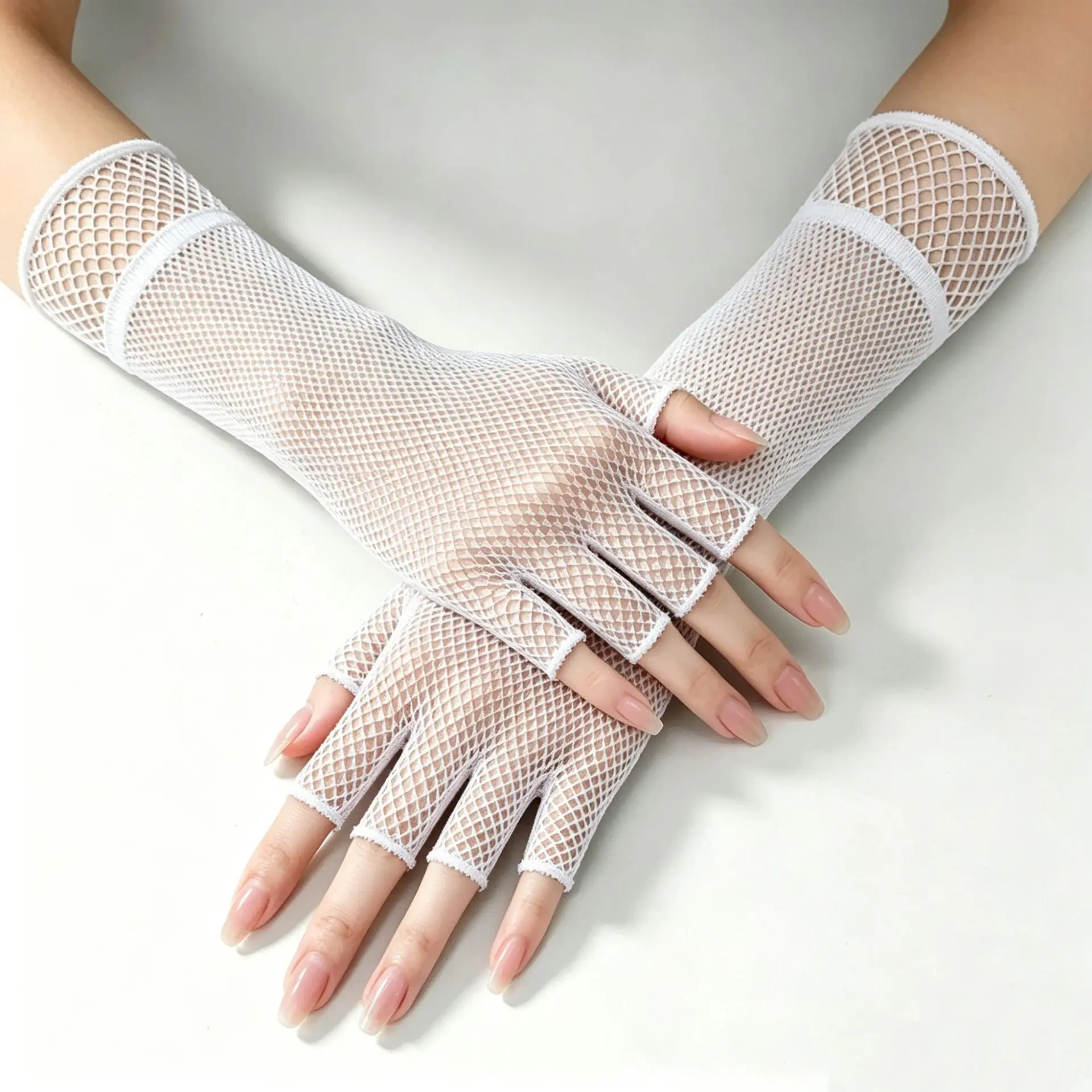 Fishnet Gloves Long Fingerless Charming Hollow Mesh Party Ball Etiquette Dark Women Lightweight Polyester Spandex Black