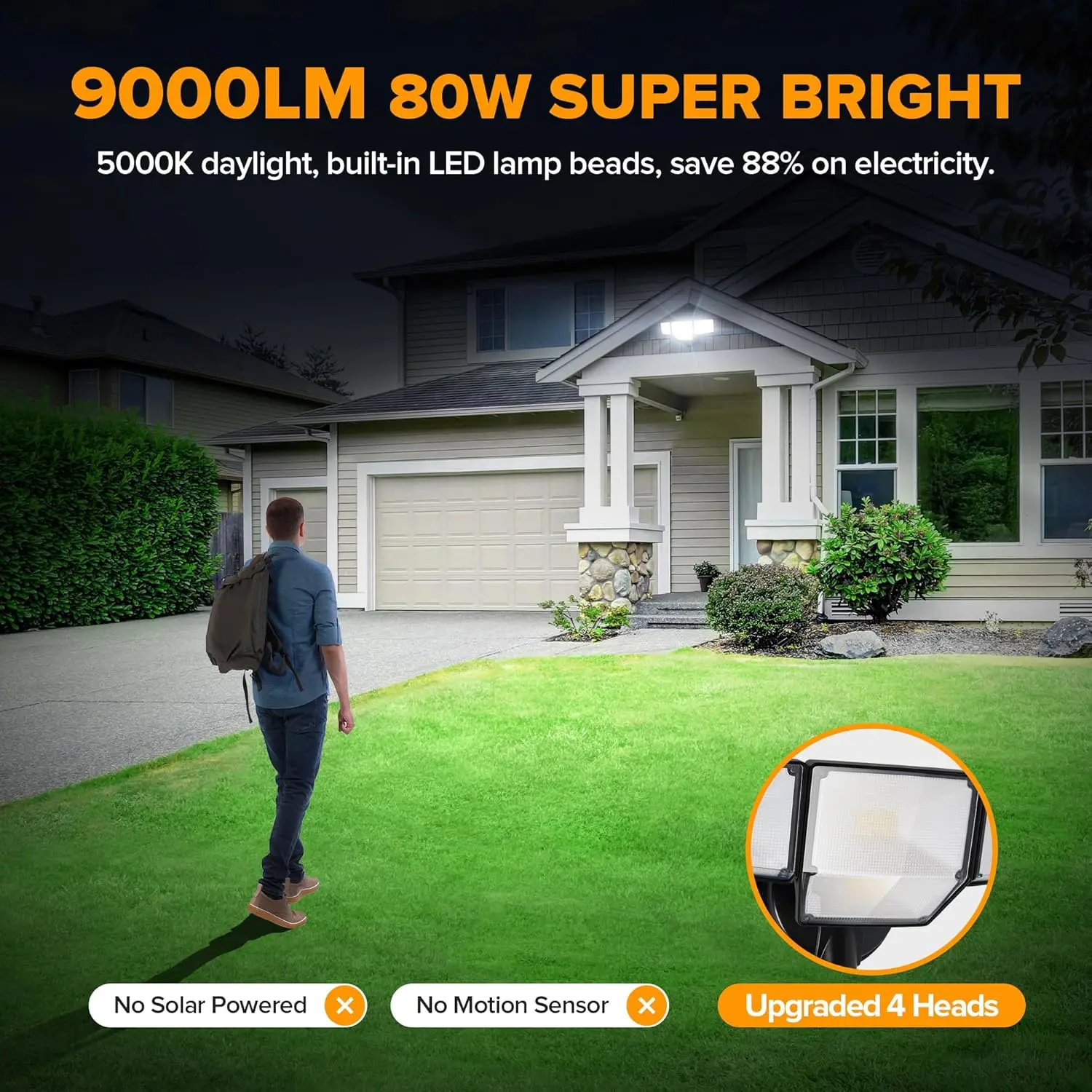 80W Dusk to Dawn LED Flood Lights, 9000LM Super Bright with Photocell, IP65 Waterproof for Outdoor Security