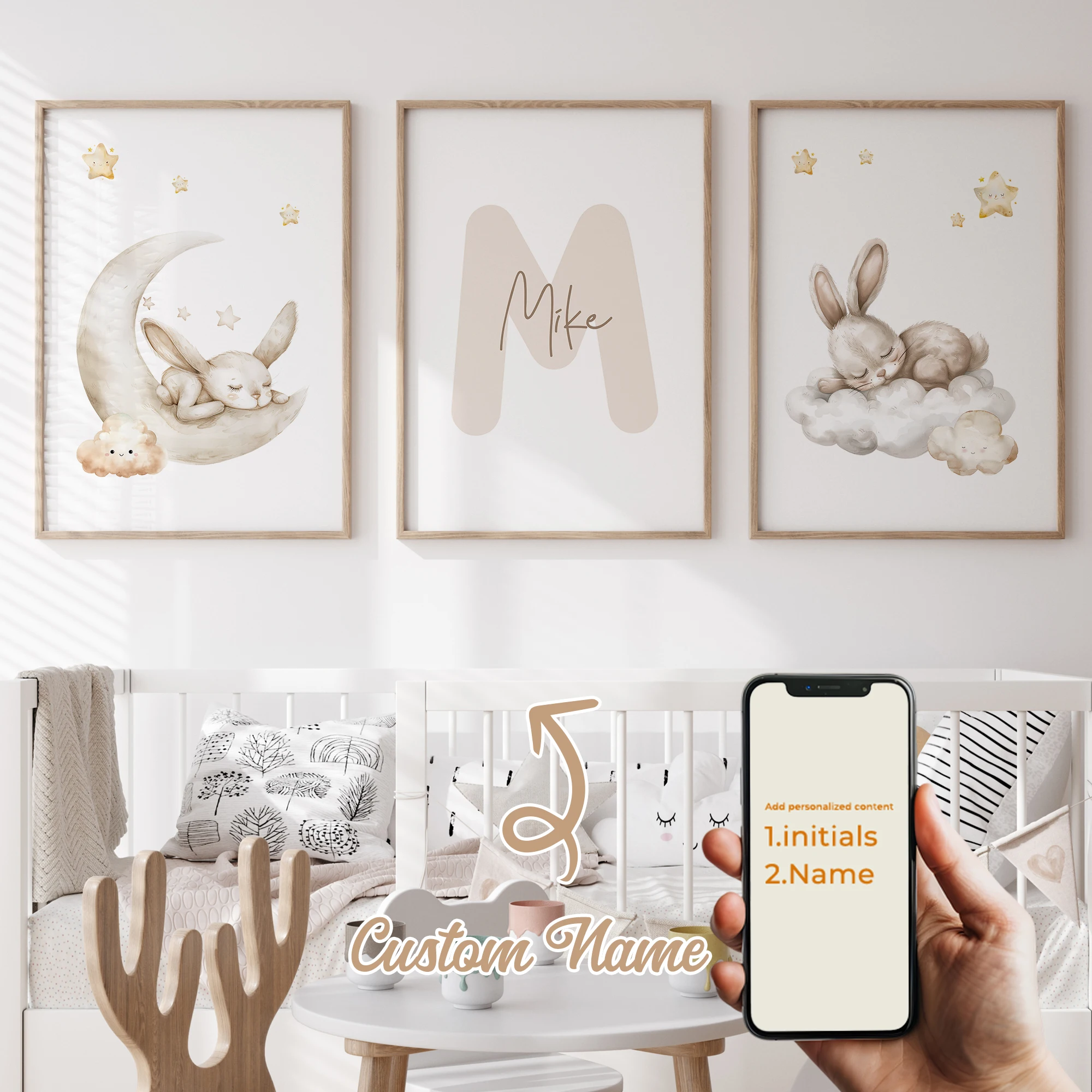 

3pcs Personalized Custom Name Cartoon Rabbit Wall Art Print Picture Canvas Poster Painting For Living Room Kids Room Home Decor