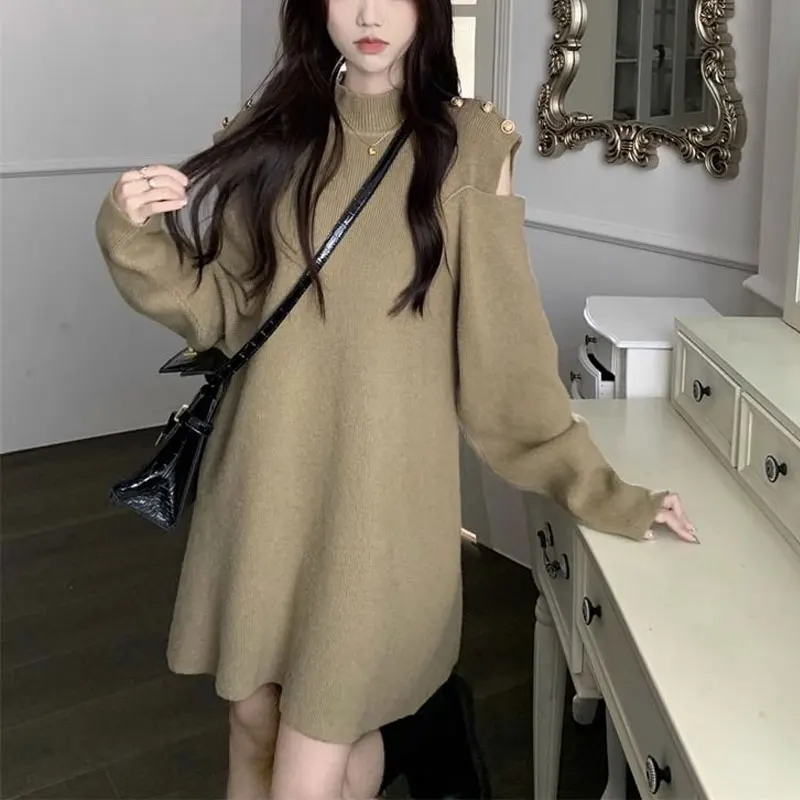 

Korean Off Shoulder Midi Dress Knitted Women's Clothing Casual Half High Collar Autumn Winter Solid Color Loose Button Dresses