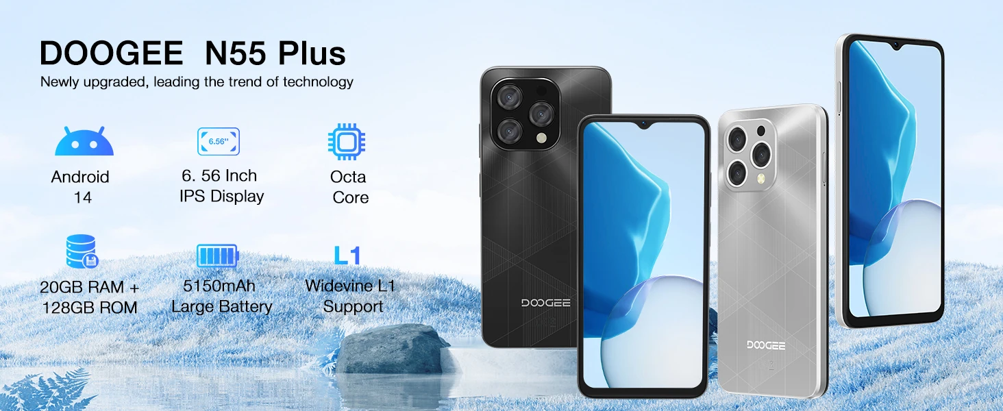 DOOGEE N55 Plus Smartphone 20GB+128GB 6.56" HD+ Screen 5150mAh Battery 13MP+8MP Camera Widevine L1 Cell Phone