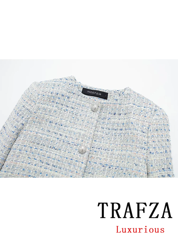 TRAFZA-Veste Vintage Décontractée et Chic pour Femme, Col Rond, Simple Boutonnage, Poches, Combinaison Courte, Mode Bureau, 2024