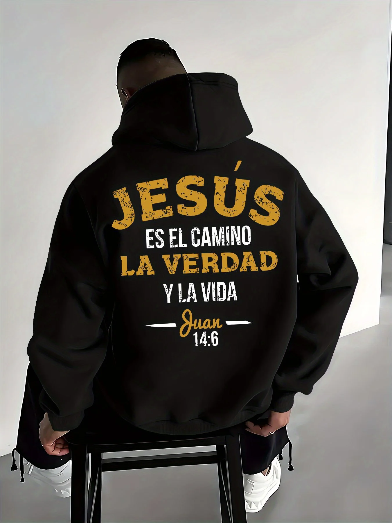 Retro distressed men's pullover hooded sweater with unique Spanish letter pattern print. Casual and loose-fitting hooded sweater