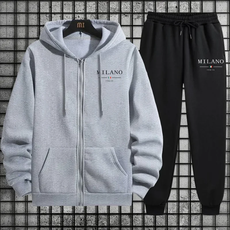

2 Piece Set Hooded Coat Jogger Pants Casual Outfits 2025 New Trendy Men's Zipper Hoodie Black Sweatpants Italy Fashion Tracksuit