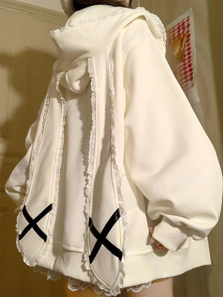 Felpa con cappuccio patchwork in pizzo giapponese Kawaii autunno donna Y2k giacca allentata vintage casual dolce cappotto anni 2000 2025 Chic