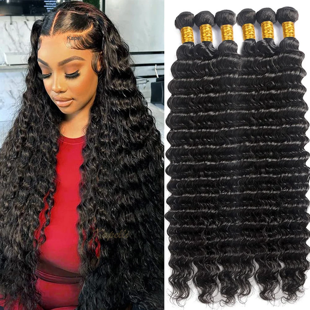 Mèches Deep Wave naturelles Remy, tissage de cheveux humains, avec closure transparente 4x4, 13 age, lots de 3/4