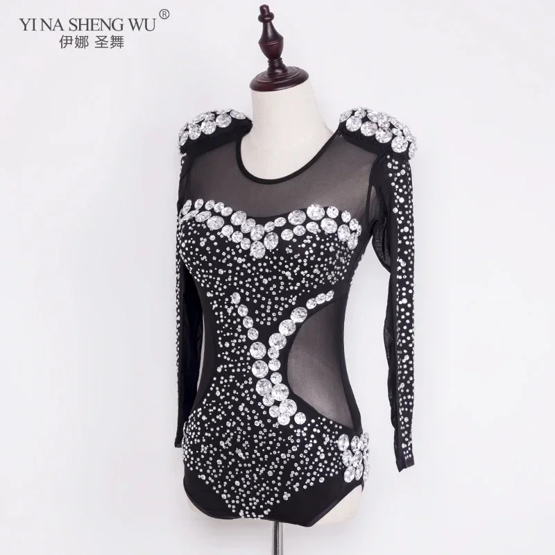 

Pearls Rhinestones Black Long Sleeve Jazz Dance Costume Jumpsuit Women Sexy Performance Stage Dance Dress Competition Wear New