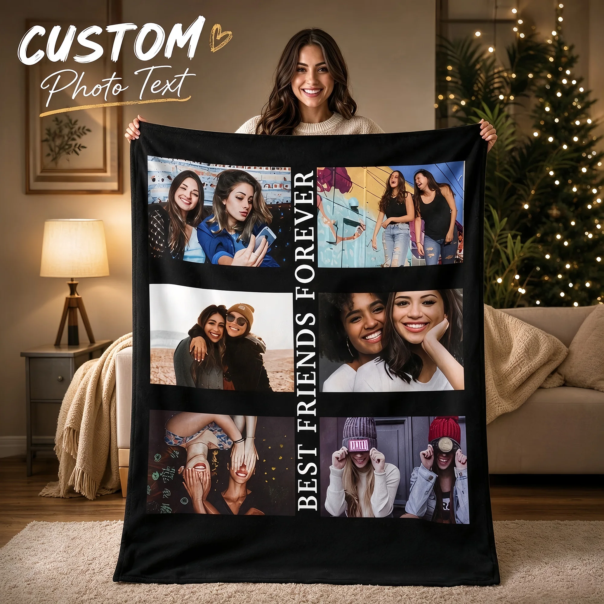 Personalization Photo Throw Blanket Custom Best Friend Sister Family Warm Cozy For Sofa Bed All Seasons Perfect Holiday Gift