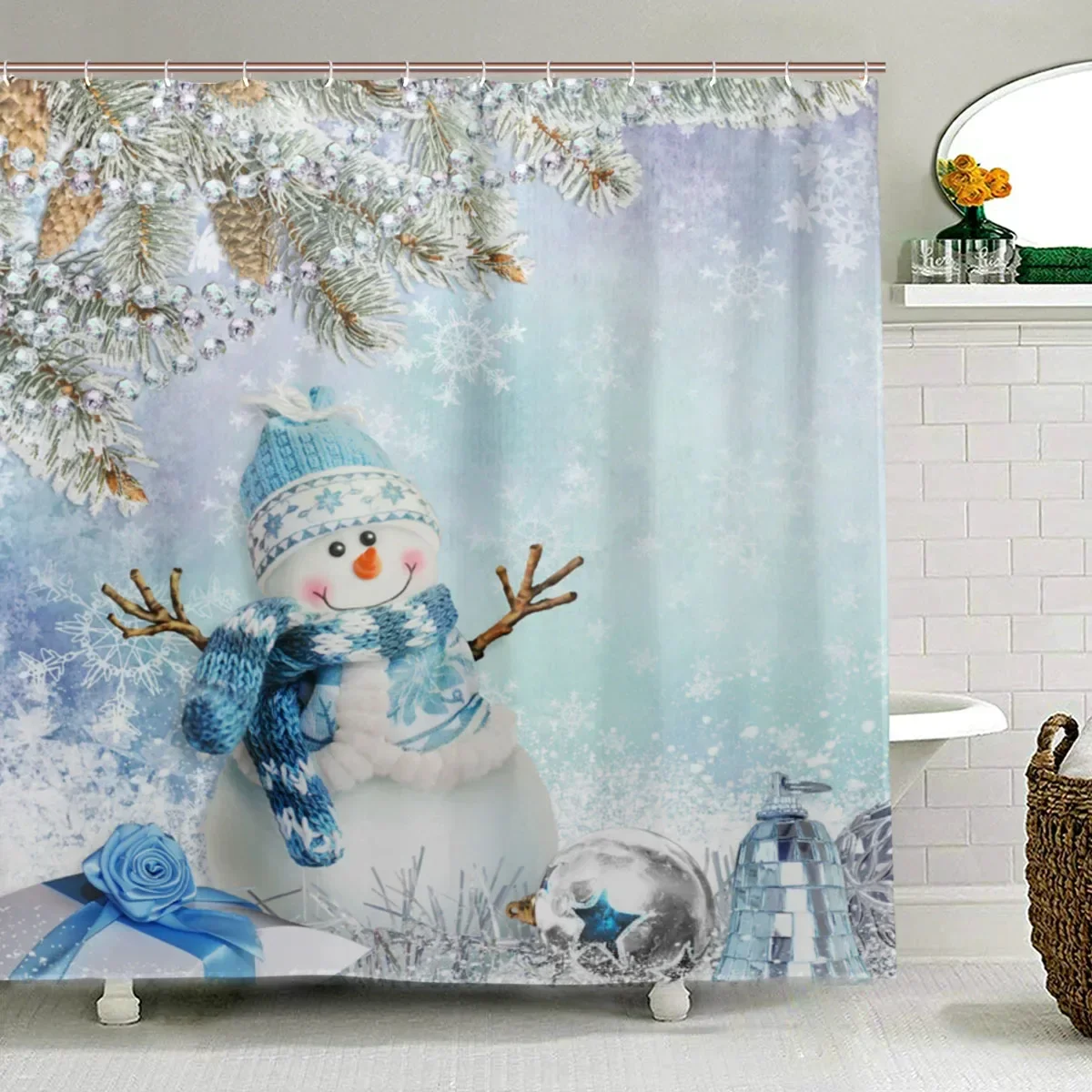 Christmas Fireplace Shower Curtain Hook Winter Indoor Christmas Tree Red Boots Xmas Tree Gift Home Bathroom Decor Fabric Curtain