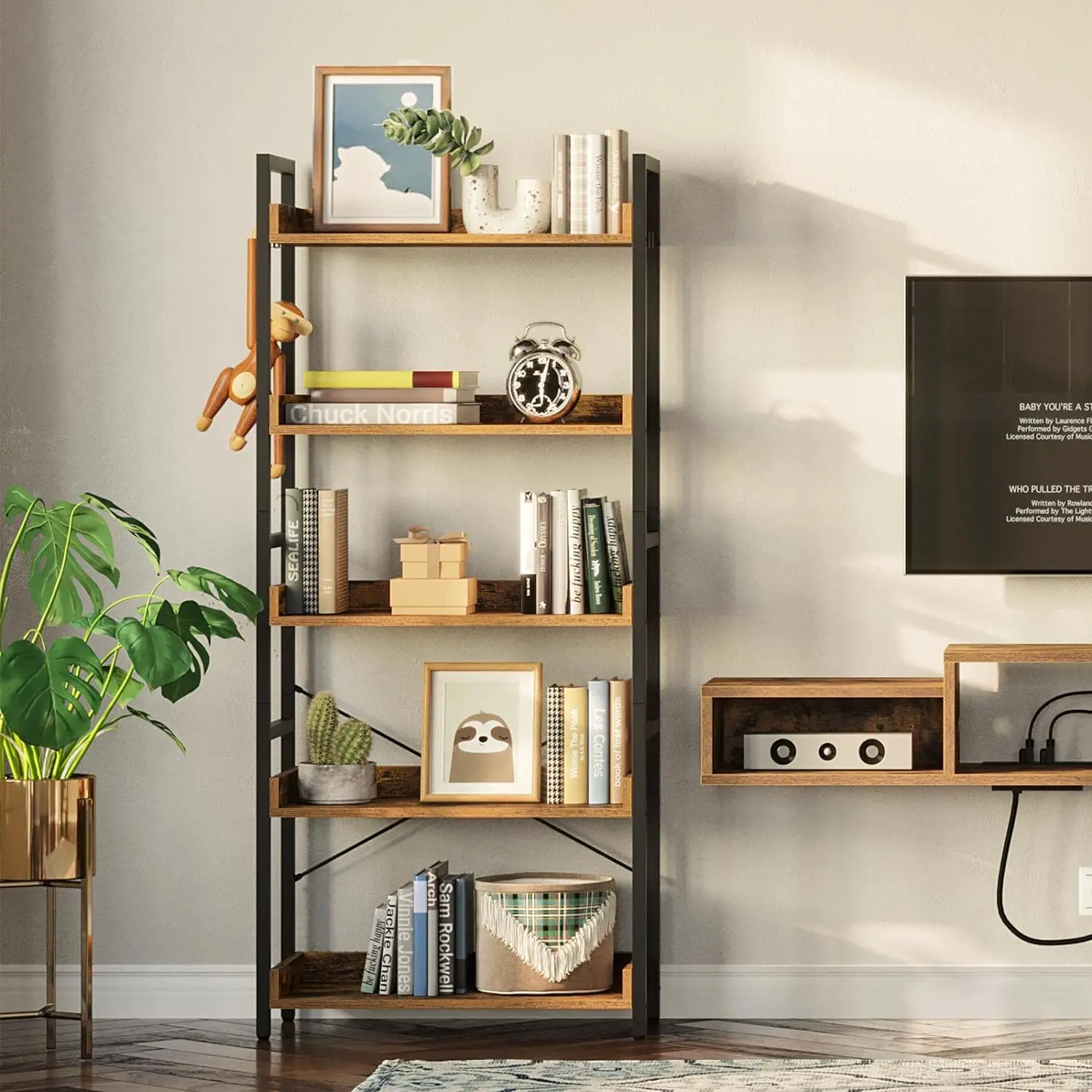 Bookshelf 5 Tier with 4 Hooks, Industrial Wood Bookcase, Vintage Storage Rack with Open Shelves, Rustic Standing Bookshelves