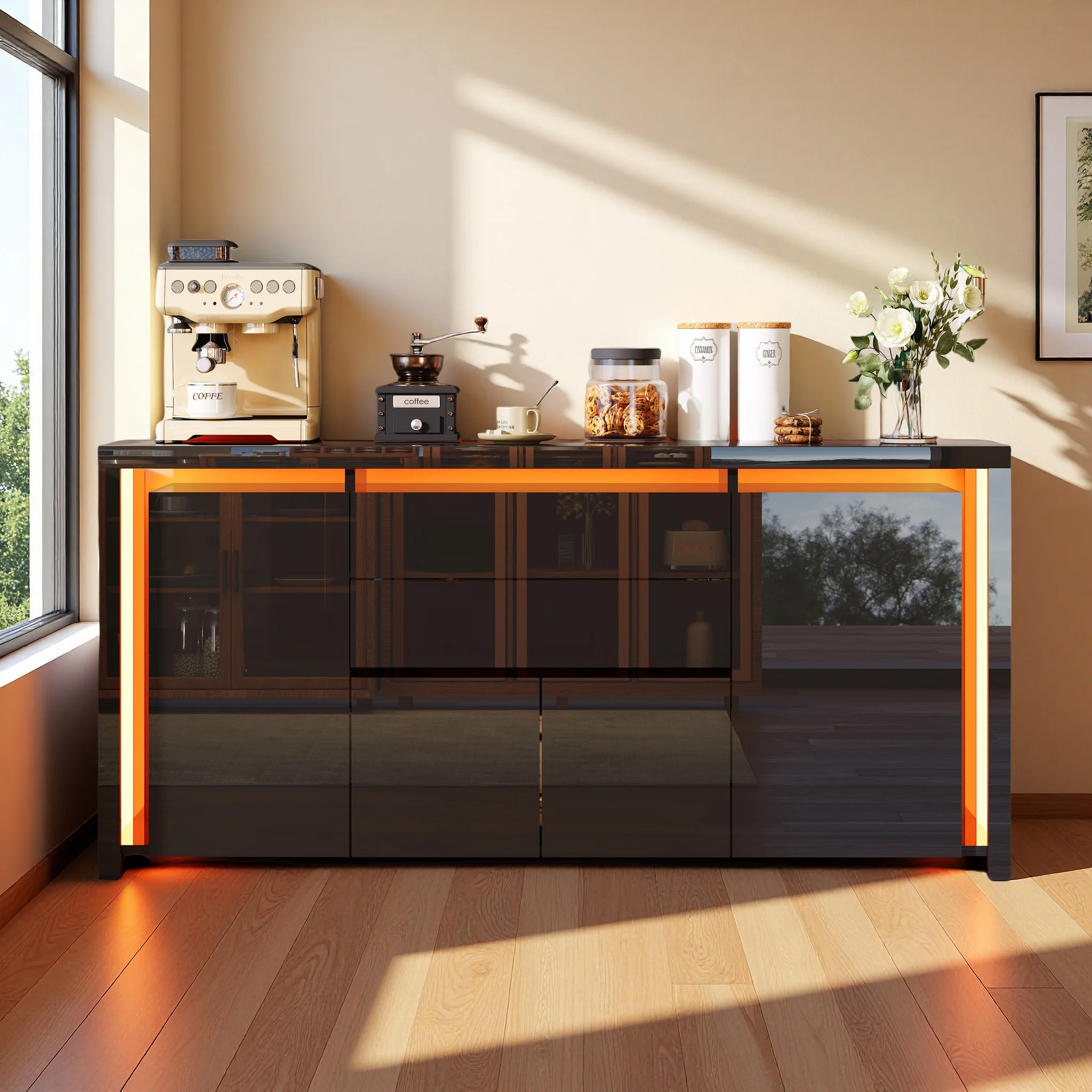 Rosahqnda Modernes Hochglanz-Sideboard, freistehender Schrank mit 2 Schubladen, Wohnzimmerkommode mit LED, grifflos