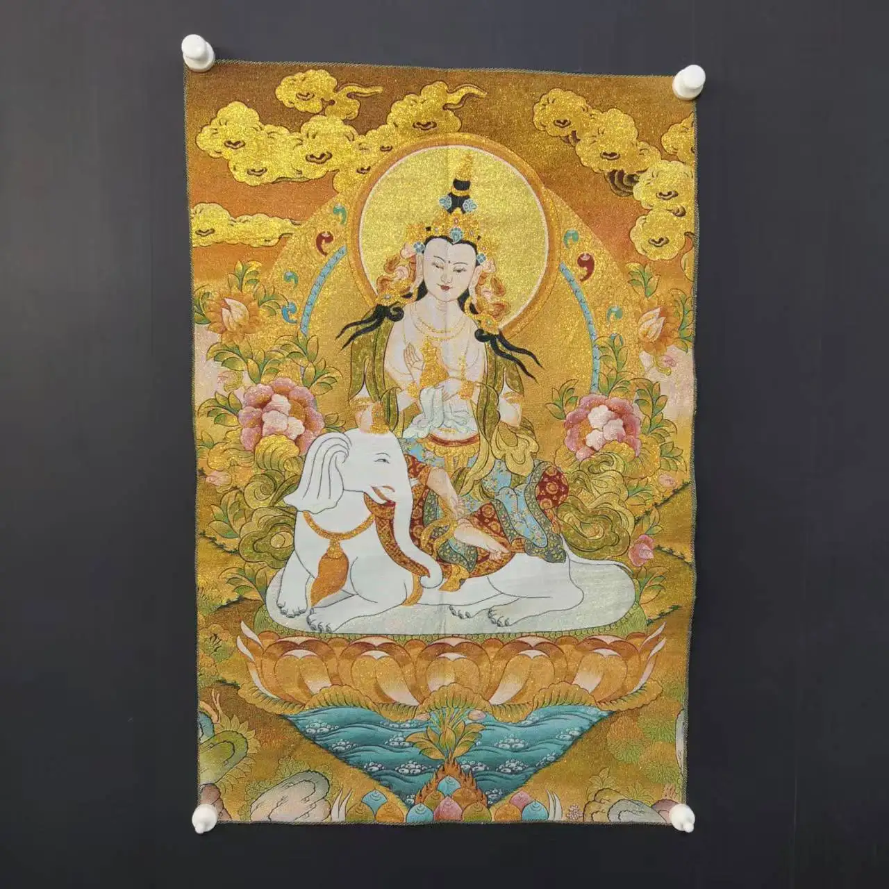 

35"Thangka Embroidery Tibetan Buddhism silk Embroidery Samantabhadra Bodhisattva Sitting Buddha Thangka hanging panel